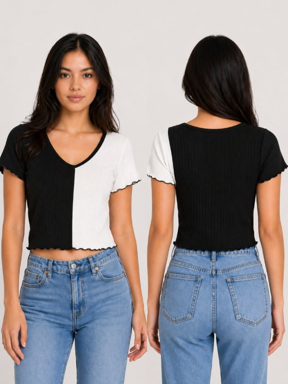 YMI Collections Black White Colorblock Ribbed Crop Top Size S Y2K Baby Tee